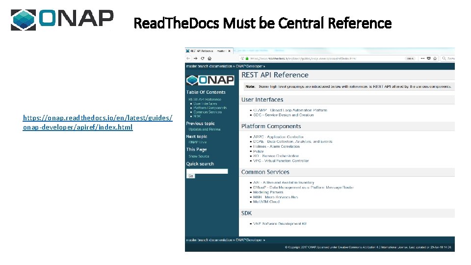Read. The. Docs Must be Central Reference https: //onap. readthedocs. io/en/latest/guides/ onap-developer/apiref/index. html 