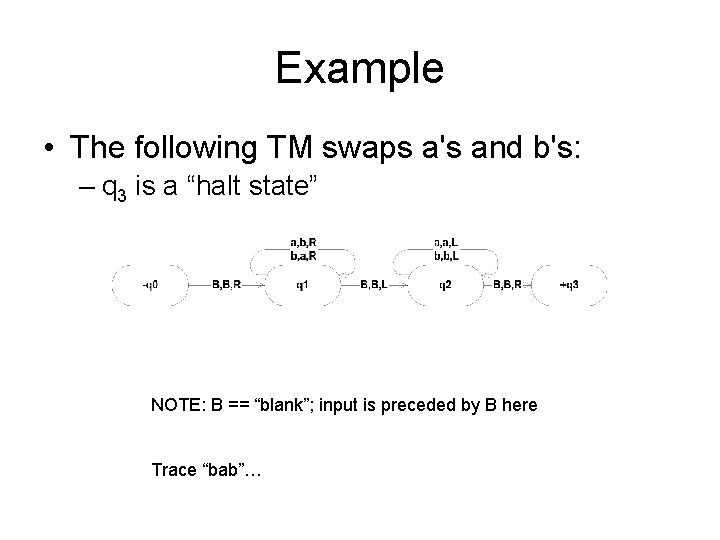 Example • The following TM swaps a's and b's: – q 3 is a