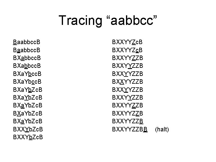 Tracing “aabbcc” Baabbcc. B BXabbcc. B BXa. Ybcc. B BXa. Yb. Zc. B BXXYb.