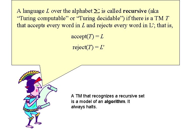 A language L over the alphabet is called recursive (aka “Turing computable” or “Turing