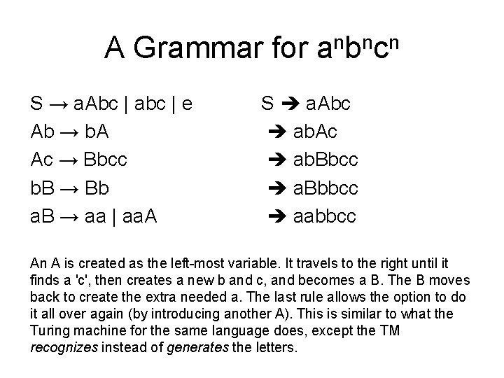 A Grammar for anbncn S → a. Abc | abc | e Ab →