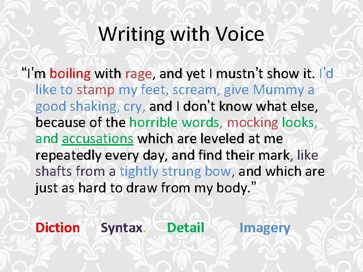 Writing with Voice “I’m boiling with rage, and yet I mustn’t show it. I’d