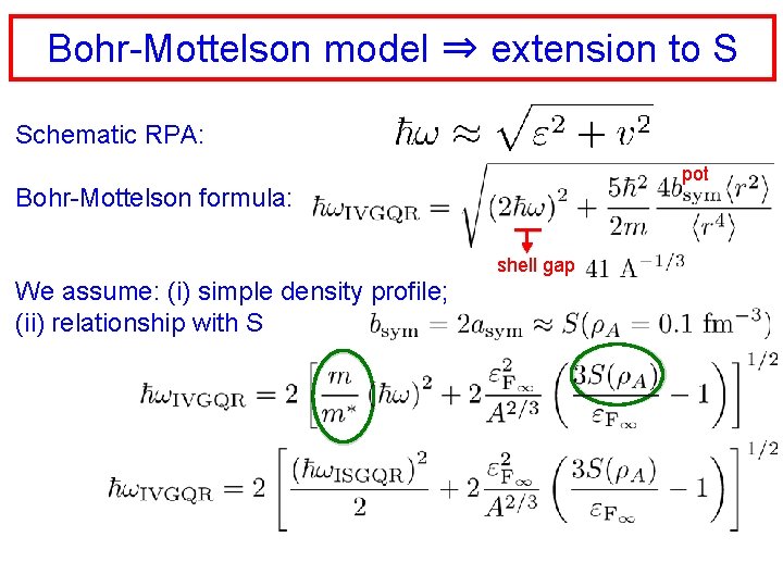 Bohr-Mottelson model ⇒ extension to S Schematic RPA: pot Bohr-Mottelson formula: shell gap We