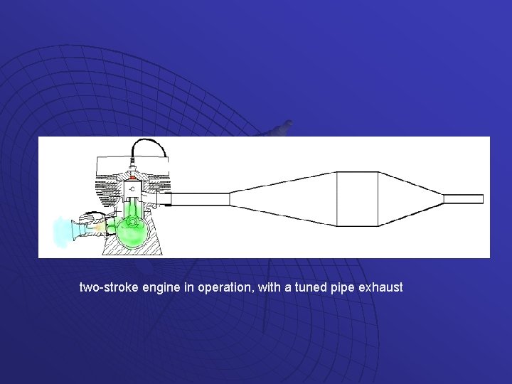 two-stroke engine in operation, with a tuned pipe exhaust 