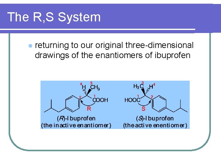The R, S System l returning to our original three-dimensional drawings of the enantiomers The R, S System l returning to our original three-dimensional drawings of the enantiomers