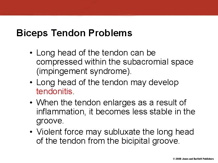 Biceps Tendon Problems • Long head of the tendon can be compressed within the Biceps Tendon Problems • Long head of the tendon can be compressed within the