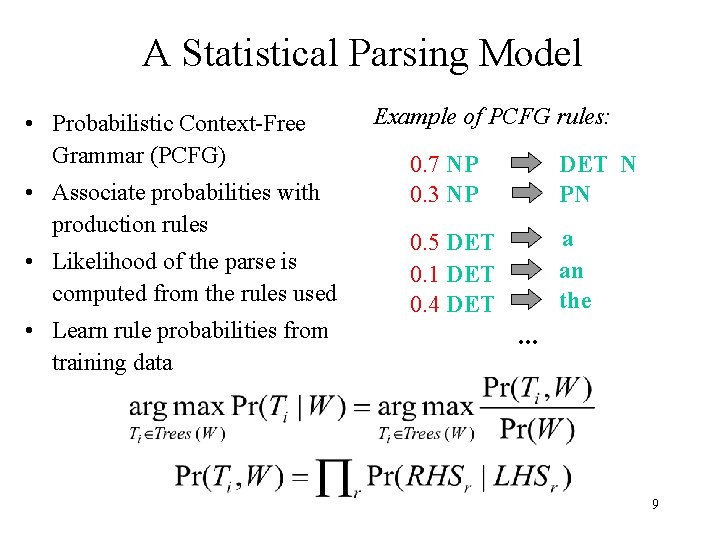 A Statistical Parsing Model • Probabilistic Context-Free Grammar (PCFG) • Associate probabilities with production