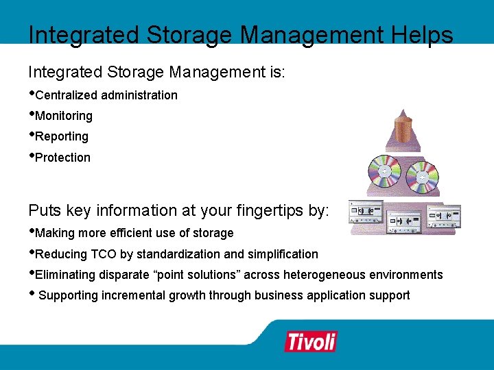Integrated Storage Management Helps Integrated Storage Management is: • Centralized administration • Monitoring •