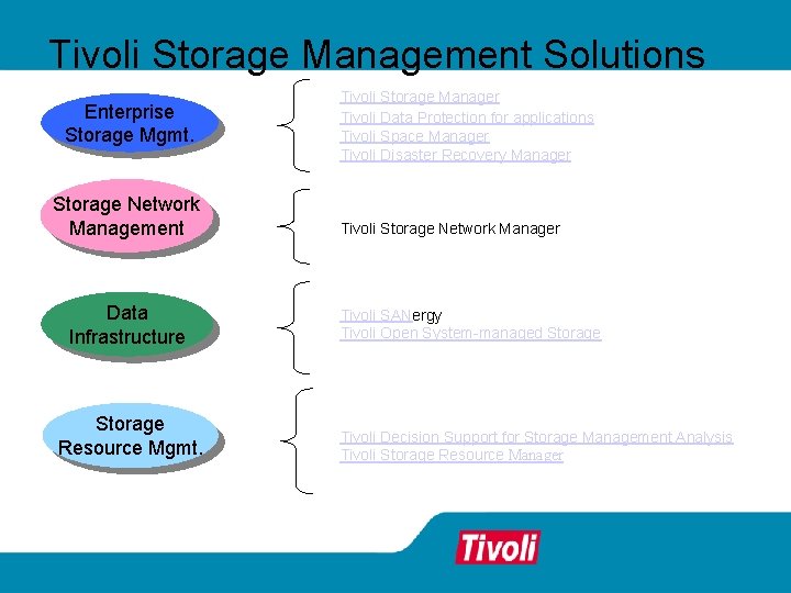 Tivoli Storage Management Solutions Enterprise Storage Mgmt. Storage Network Management Data Infrastructure Storage Resource