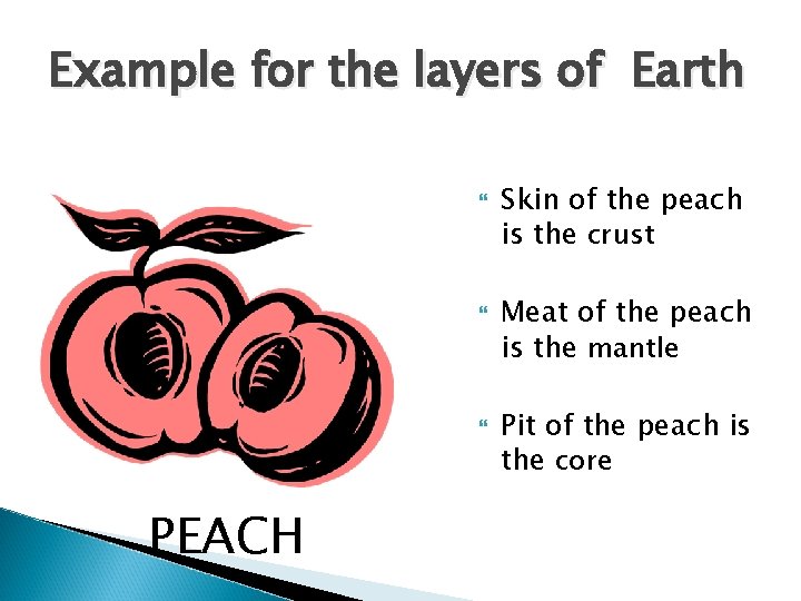 Example for the layers of Earth PEACH Skin of the peach is the crust