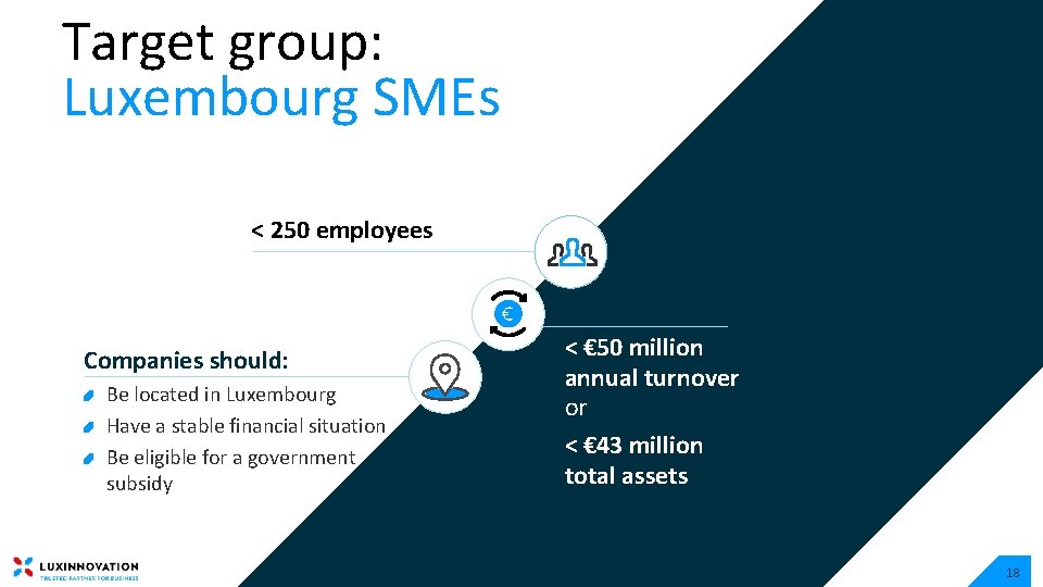 Target group: Luxembourg SMEs < 250 employees Companies should: Be located in Luxembourg Have