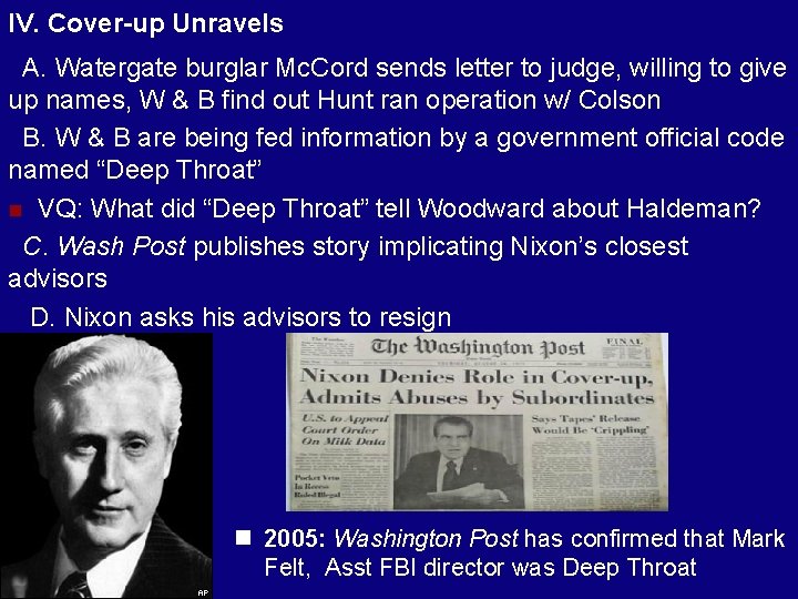 IV. Cover-up Unravels A. Watergate burglar Mc. Cord sends letter to judge, willing to