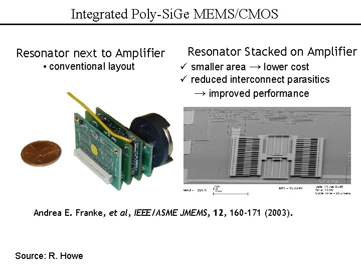 Integrated Poly-Si. Ge MEMS/CMOS Resonator next to Amplifier • conventional layout Resonator Stacked on