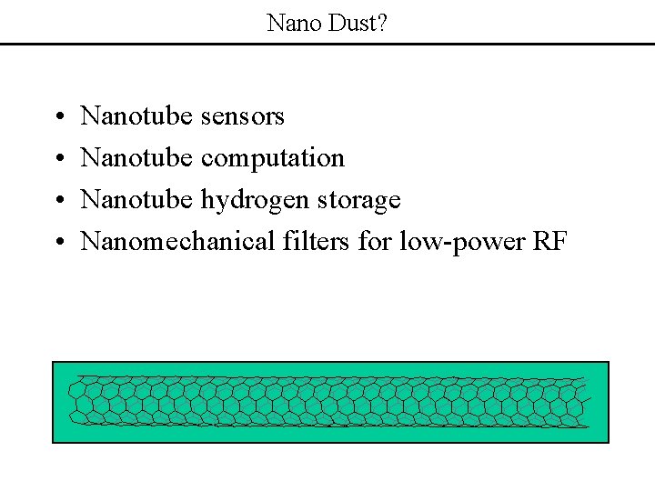 Nano Dust? • • Nanotube sensors Nanotube computation Nanotube hydrogen storage Nanomechanical filters for