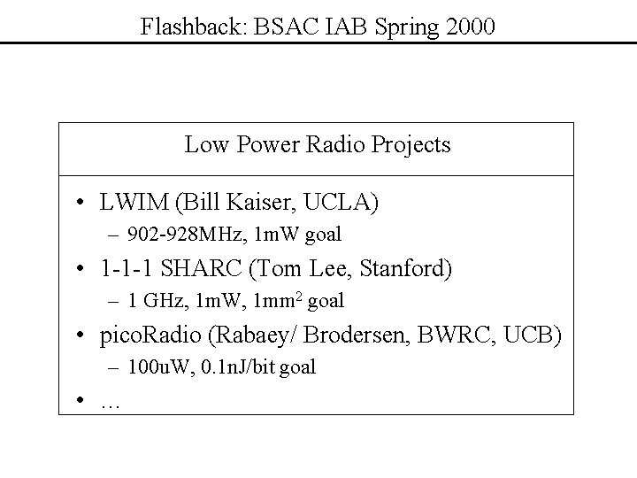 Flashback: BSAC IAB Spring 2000 Low Power Radio Projects • LWIM (Bill Kaiser, UCLA)