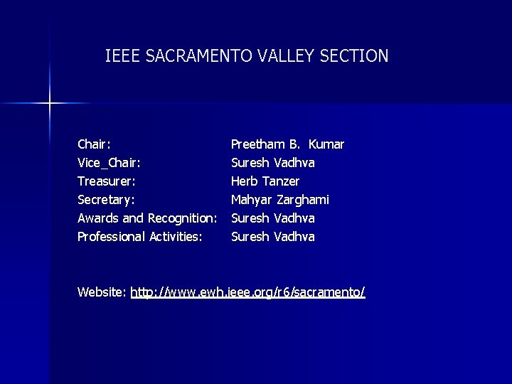 IEEE SACRAMENTO VALLEY SECTION Chair: Vice_Chair: Treasurer: Secretary: Awards and Recognition: Professional Activities: Preetham