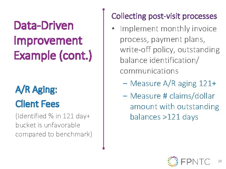 Data-Driven Improvement Example (cont. ) A/R Aging: Client Fees (Identified % in 121 day+