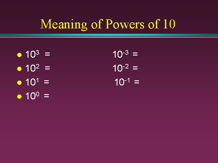 Meaning of Powers of 10 103 l 102 l 101 l 100 l =