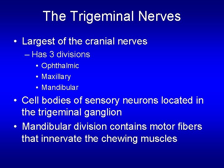 The Trigeminal Nerves • Largest of the cranial nerves – Has 3 divisions •