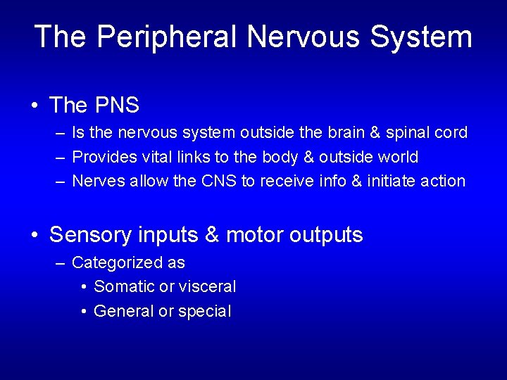 The Peripheral Nervous System • The PNS – Is the nervous system outside the