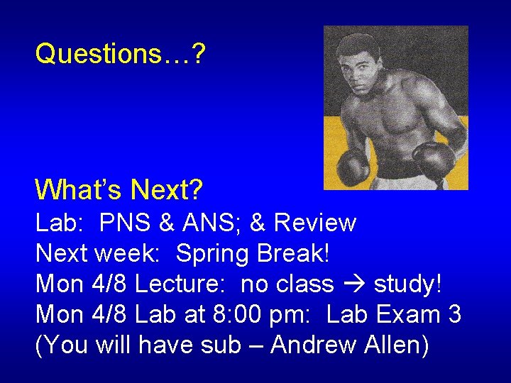 Questions…? What’s Next? Lab: PNS & ANS; & Review Next week: Spring Break! Mon