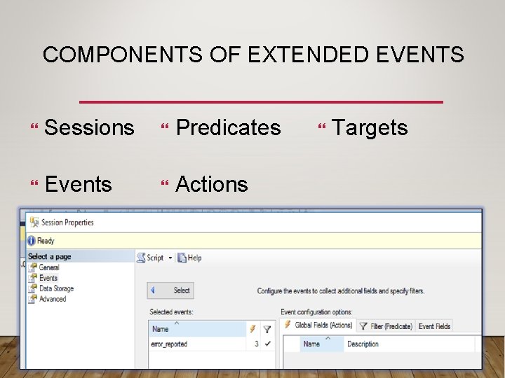 COMPONENTS OF EXTENDED EVENTS Sessions Predicates Events Actions Targets 