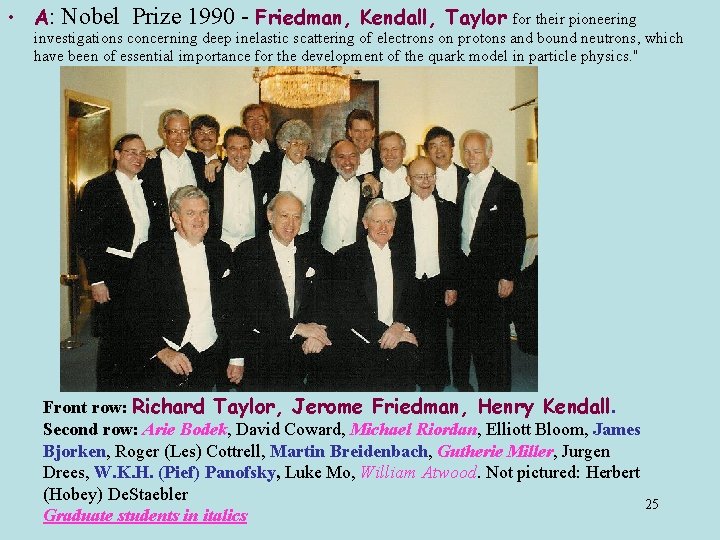  • A: Nobel Prize 1990 - Friedman, Kendall, Taylor for their pioneering investigations