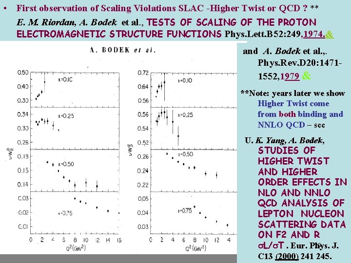  • First observation of Scaling Violations SLAC -Higher Twist or QCD ? **