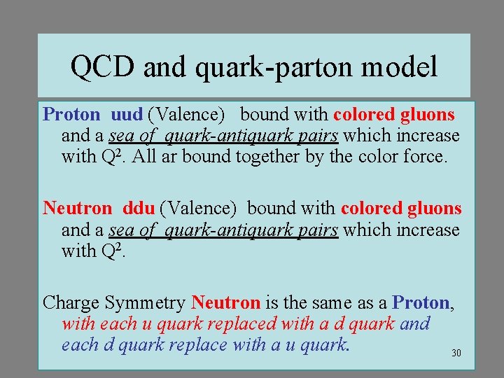 QCD and quark-parton model Proton uud (Valence) bound with colored gluons and a sea