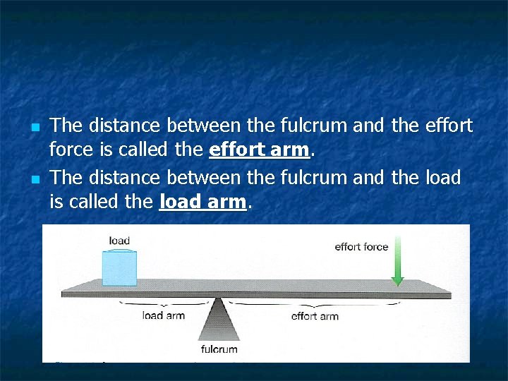 n n The distance between the fulcrum and the effort force is called the