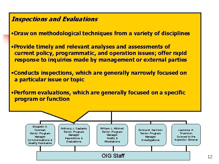 Inspections and Evaluations OIG Organizational Structure • Draw on methodological techniques from a variety