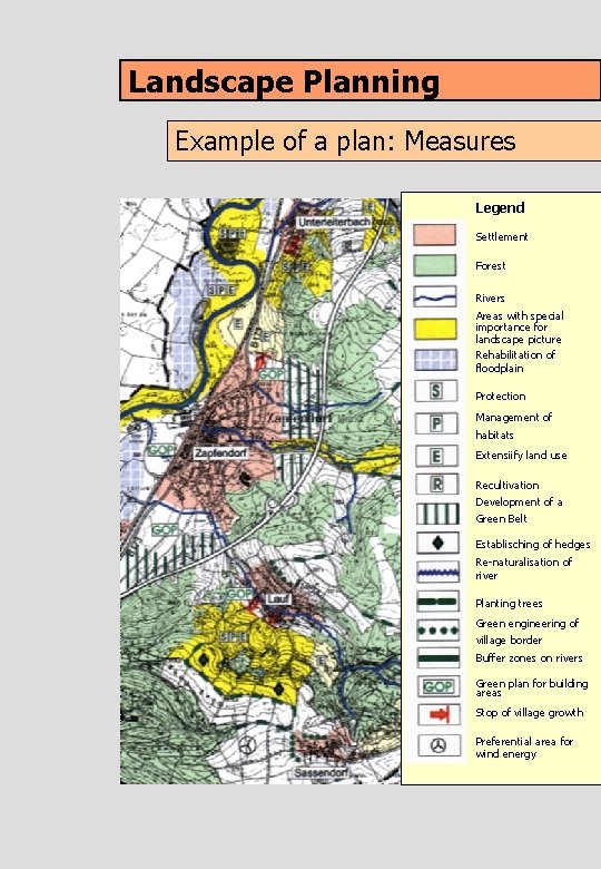 Landscape Planning Example of a plan: Measures Legend Settlement Forest Rivers Areas with special Landscape Planning Example of a plan: Measures Legend Settlement Forest Rivers Areas with special