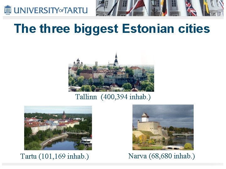 The three biggest Estonian cities Tallinn (400, 394 inhab. ) Tartu (101, 169 inhab.