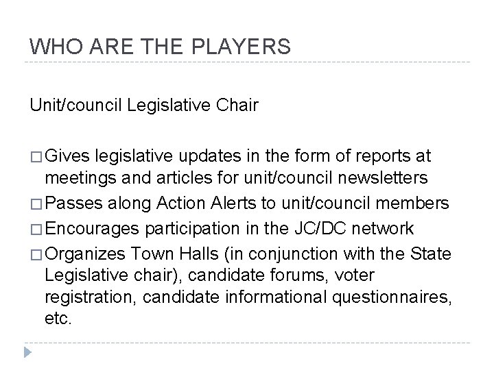 WHO ARE THE PLAYERS Unit/council Legislative Chair � Gives legislative updates in the form