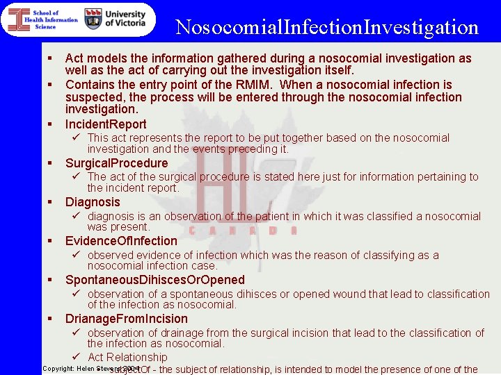 Nosocomial. Infection. Investigation § § § Act models the information gathered during a nosocomial