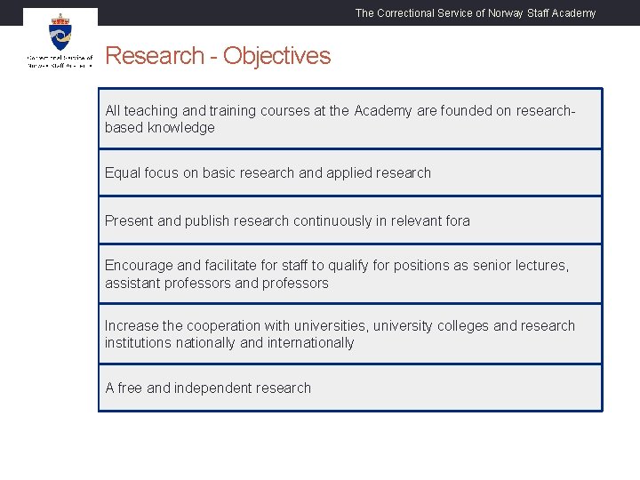 The Correctional Service of Norway Staff Academy Research - Objectives All teaching and training