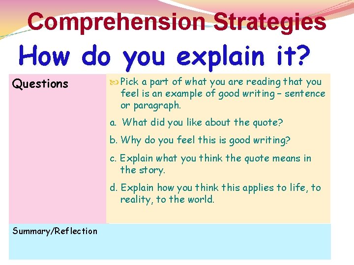 Comprehension Strategies How do you explain it? Questions Pick a part of what you Comprehension Strategies How do you explain it? Questions Pick a part of what you