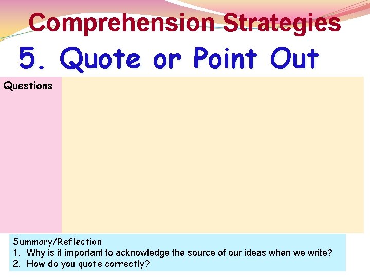 Comprehension Strategies 5. Quote or Point Out Questions Summary/Reflection 1. Why is it important Comprehension Strategies 5. Quote or Point Out Questions Summary/Reflection 1. Why is it important