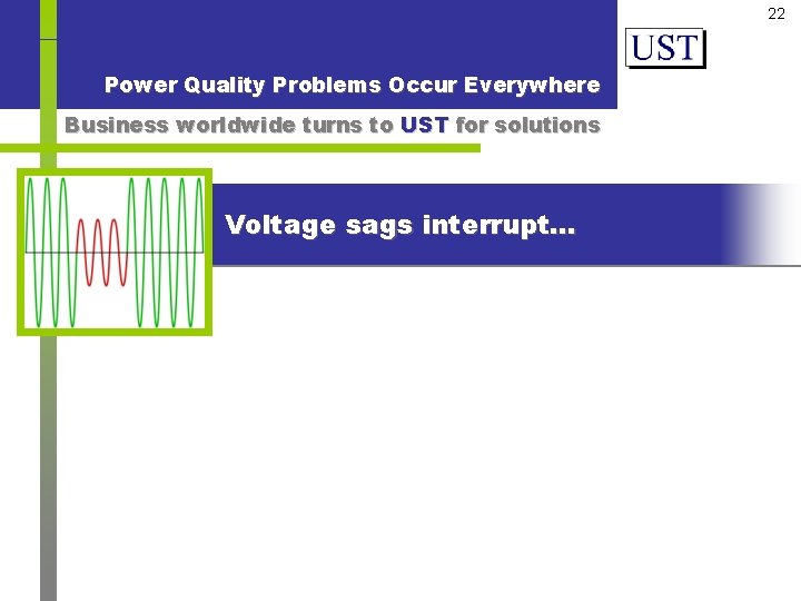 22 Power Quality Problems Occur Everywhere Business worldwide turns to UST for solutions Voltage