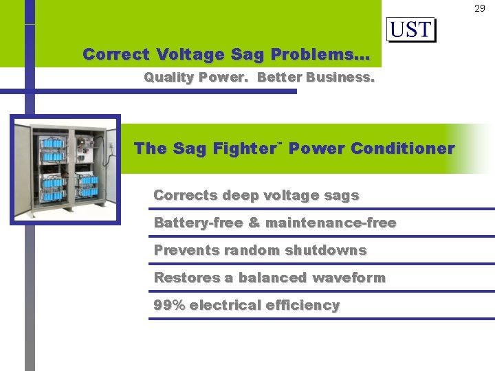 29 Correct Voltage Sag Problems… Quality Power. Better Business. The Sag Fighter Power Conditioner