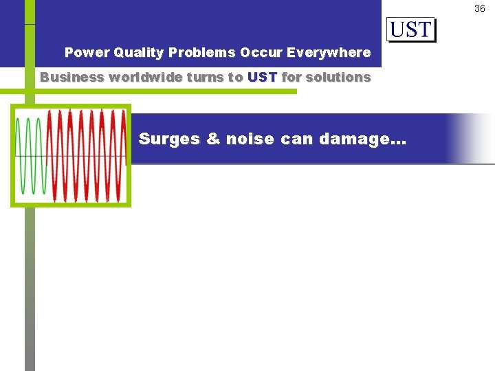 36 Power Quality Problems Occur Everywhere Business worldwide turns to UST for solutions Surges