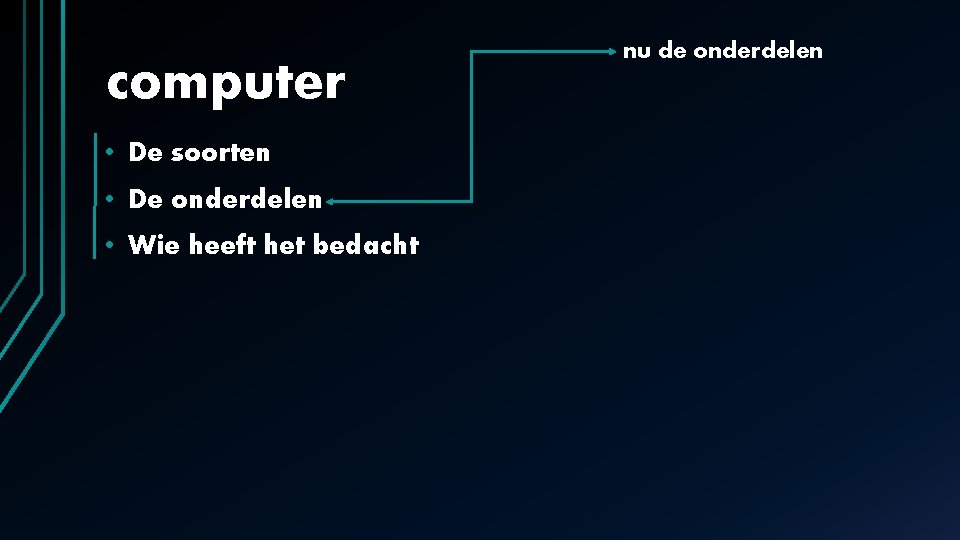 computer • De soorten • De onderdelen • Wie heeft het bedacht nu de computer • De soorten • De onderdelen • Wie heeft het bedacht nu de