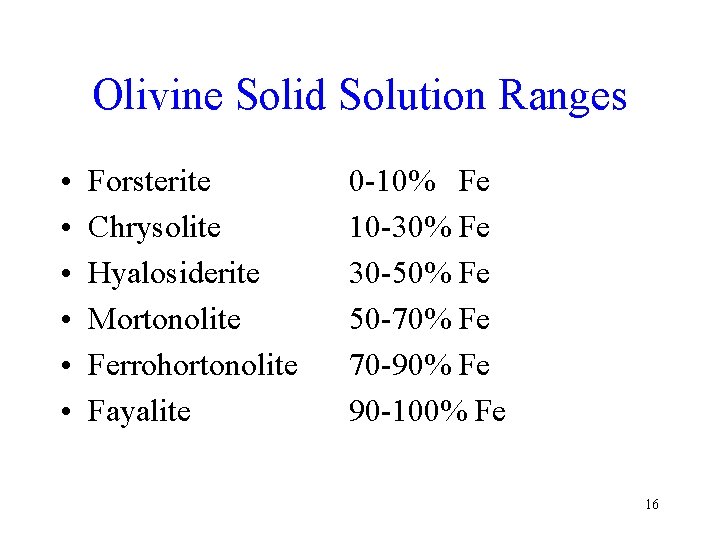Olivine Solid Solution Ranges • • • Forsterite Chrysolite Hyalosiderite Mortonolite Ferrohortonolite Fayalite 0