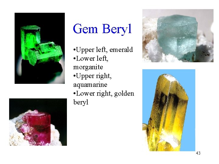 Gem Beryl • Upper left, emerald • Lower left, morganite • Upper right, aquamarine