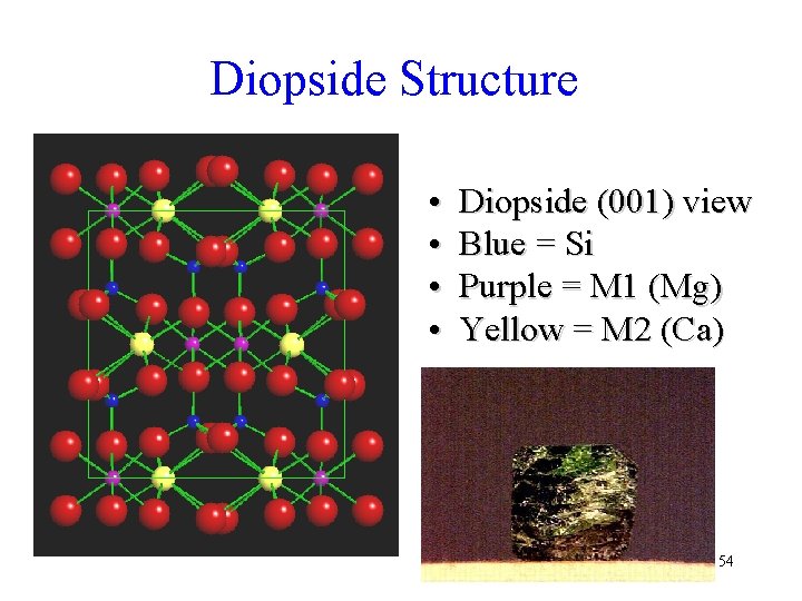 Diopside Structure • • Diopside (001) view Blue = Si Purple = M 1