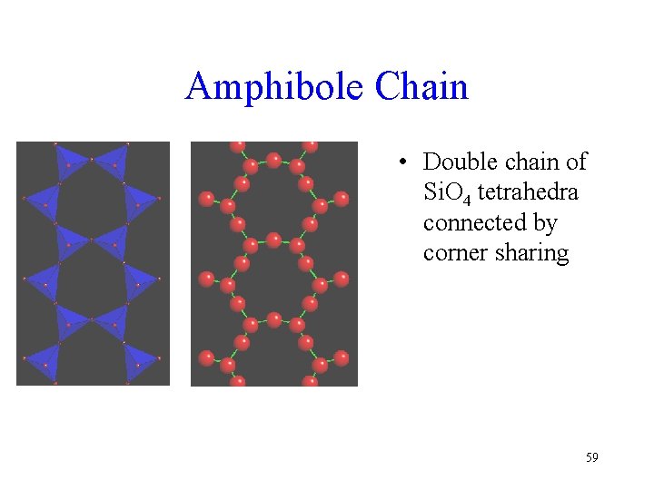Amphibole Chain • Double chain of Si. O 4 tetrahedra connected by corner sharing