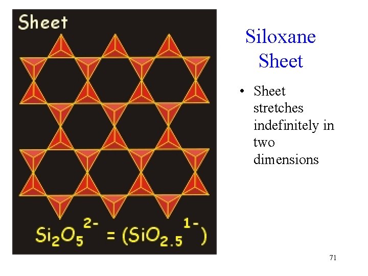 Siloxane Sheet • Sheet stretches indefinitely in two dimensions 71 