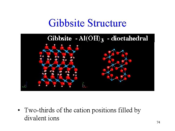 Gibbsite Structure • Two-thirds of the cation positions filled by divalent ions 74 