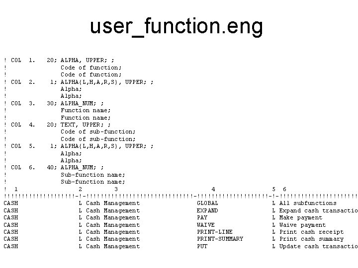 user_function. eng ! COL 1. 20; ALPHA, UPPER; ; ! Code of function; !