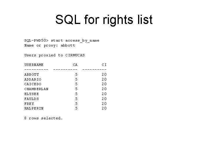 SQL for rights list SQL-PWD 50> start access_by_name Name or proxy: abbott Users proxied